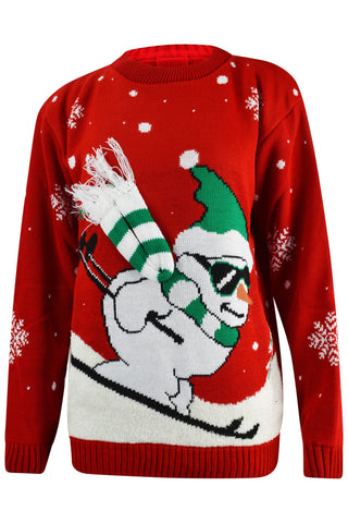 Skiing Snowman Christmas Jumper Red
