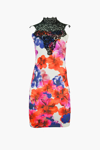 Bodycon Midi Floral Lace Neck